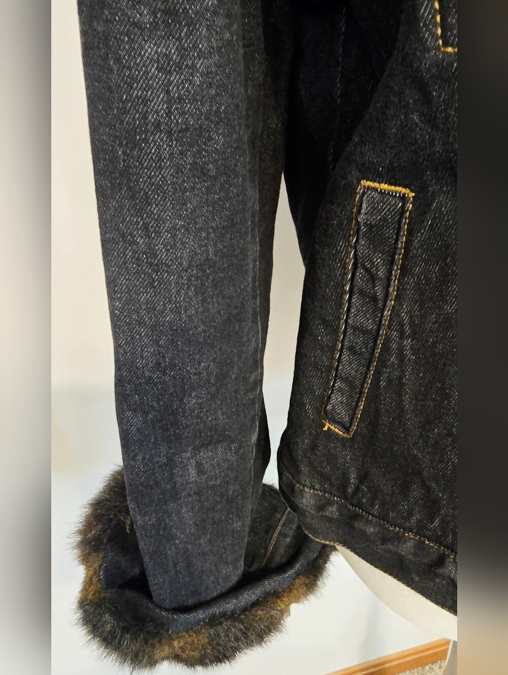 Fuda New York Faux Fur Trim Denim Jacket Y2K Dark Wash Glam Vintage Mob Wife - Picture 7 of 13
